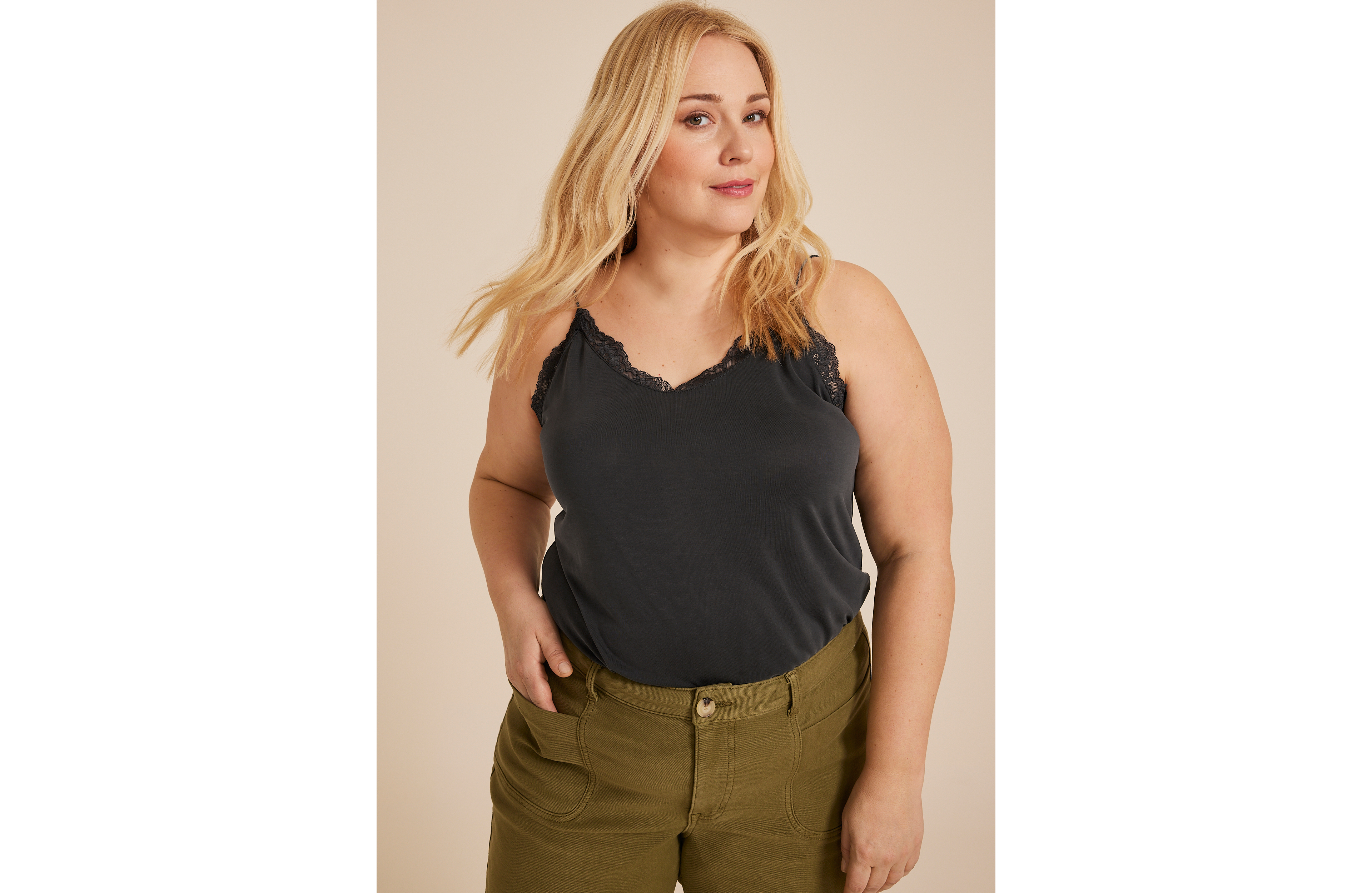 Plus Sandwash Lace Trim V Neck Swing Cami