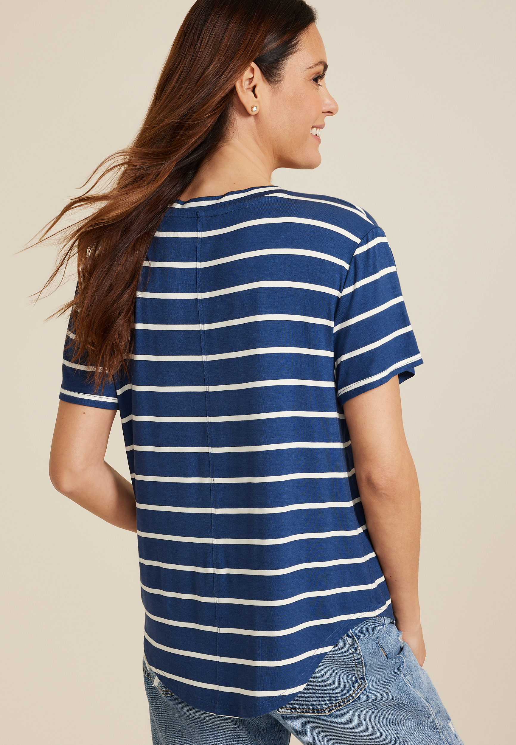 24/7 Striped V Neck Tunic Tee, WASHED NAVY COMBO, large