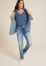24/7 Striped V Neck Tunic Tee, WASHED NAVY COMBO, small