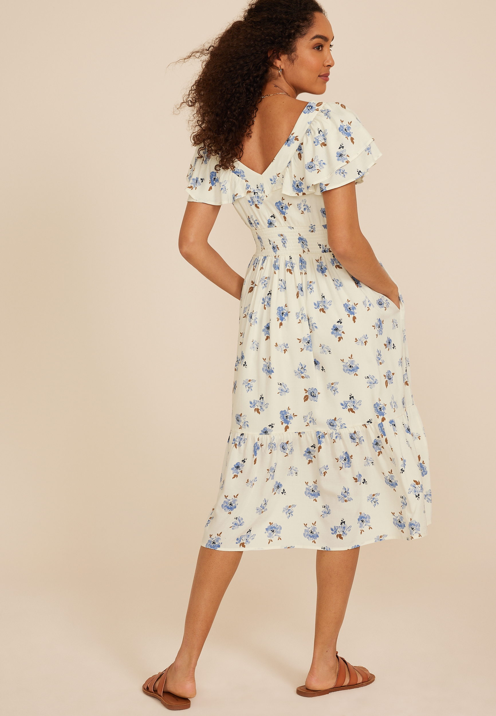 Flutter Smocked Midi Dress, WHITE COMBO, large