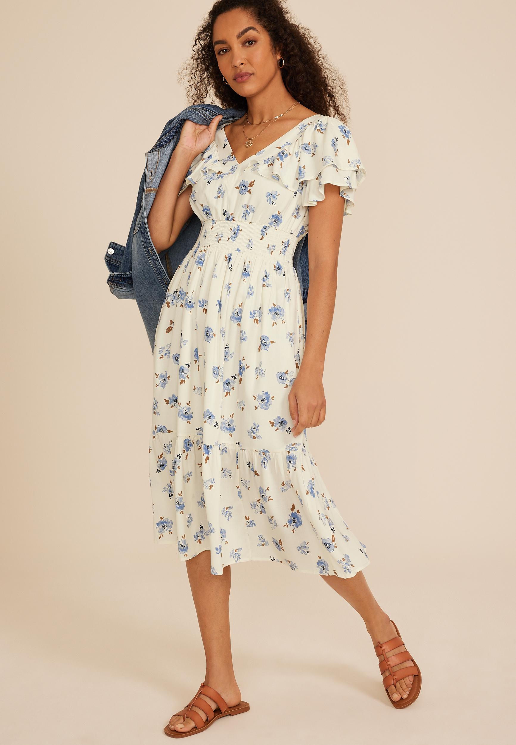Flutter Smocked Midi Dress, WHITE COMBO, large