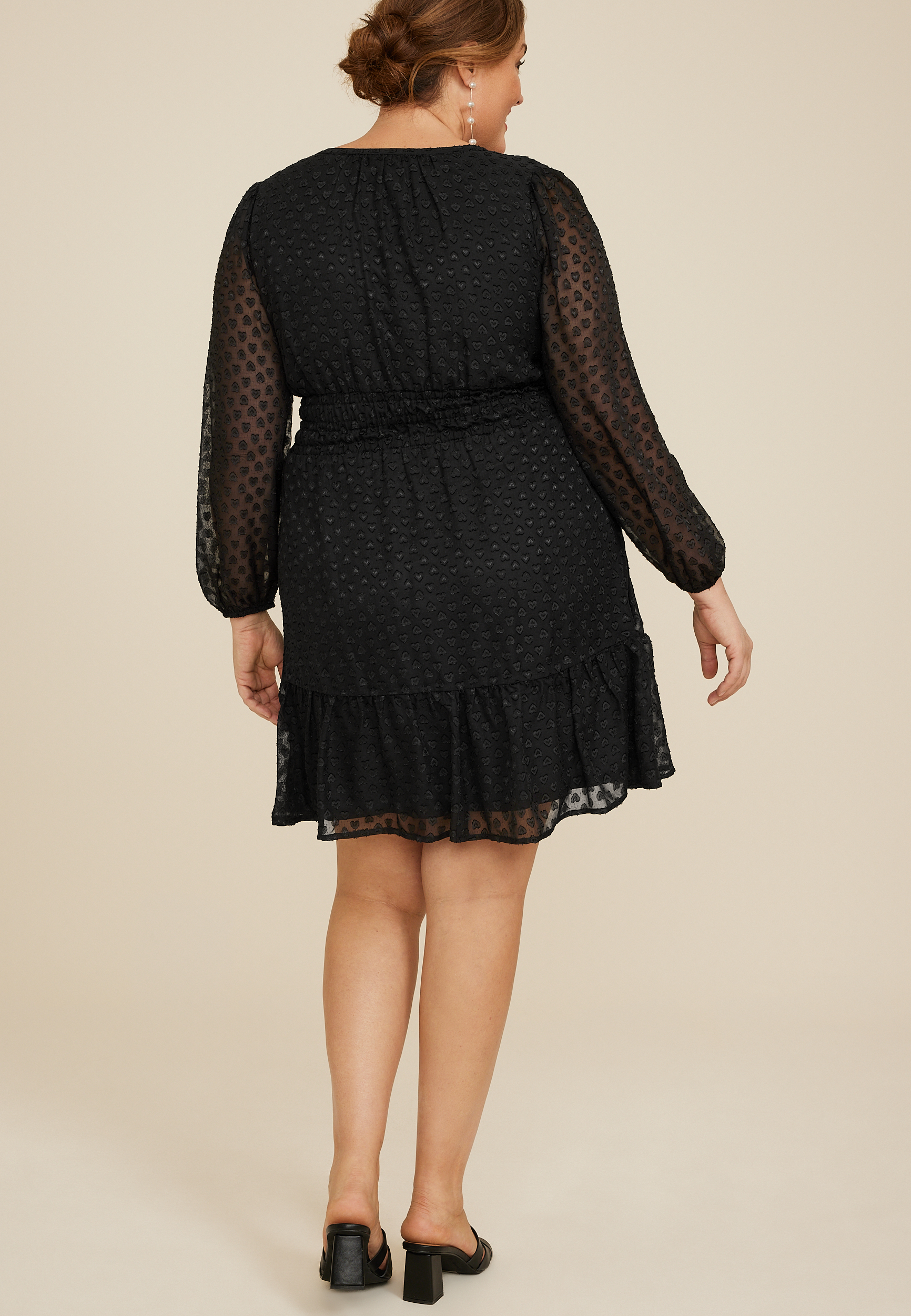 Plus Size Notch Neck Jacquard Heart Long Sleeve Skater Dress, C106, large
