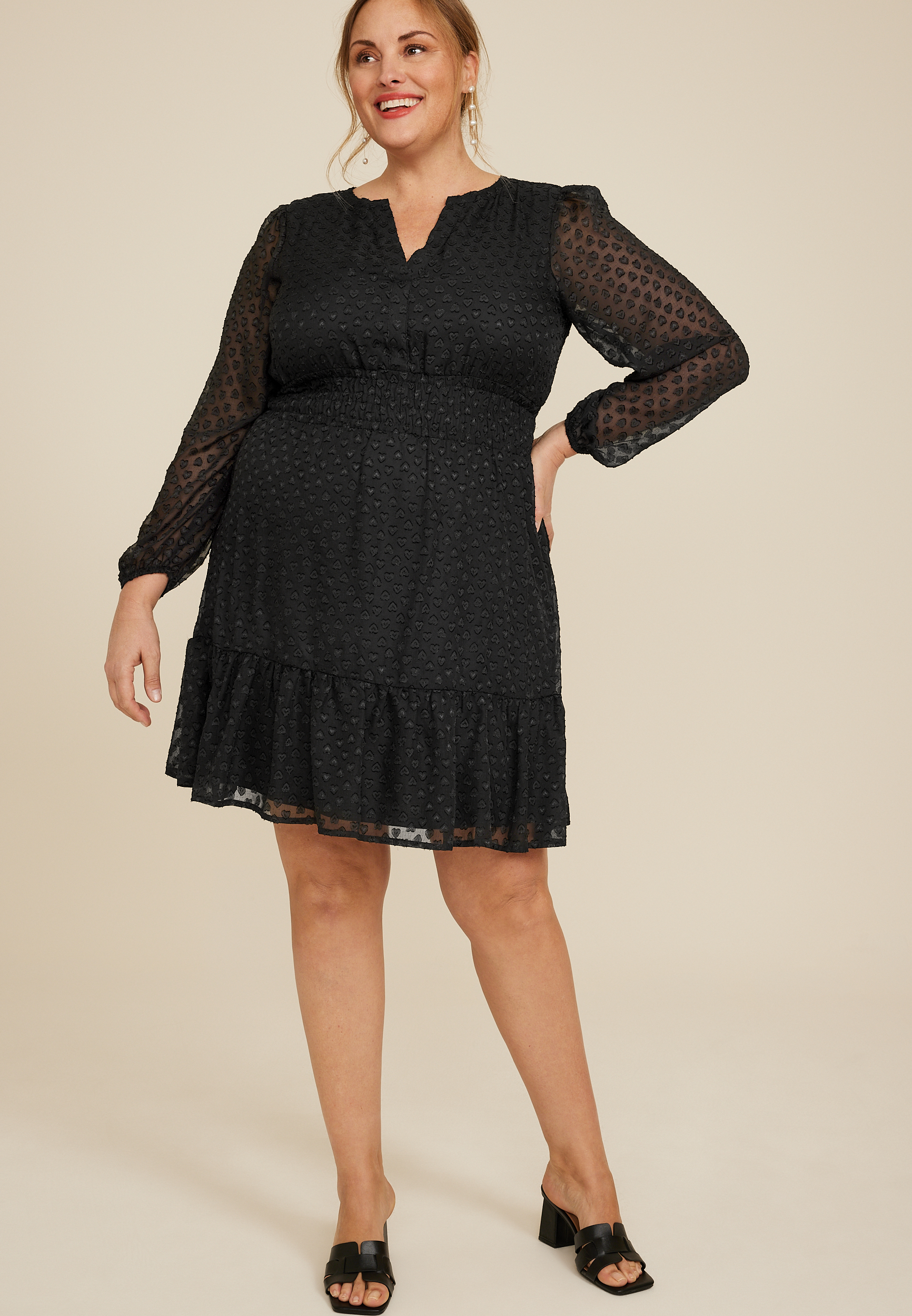 Plus Size Notch Neck Jacquard Heart Long Sleeve Skater Dress, C106, large