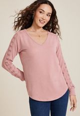 Wavy Ribbed Crochet Trim Blouse, C8503, small