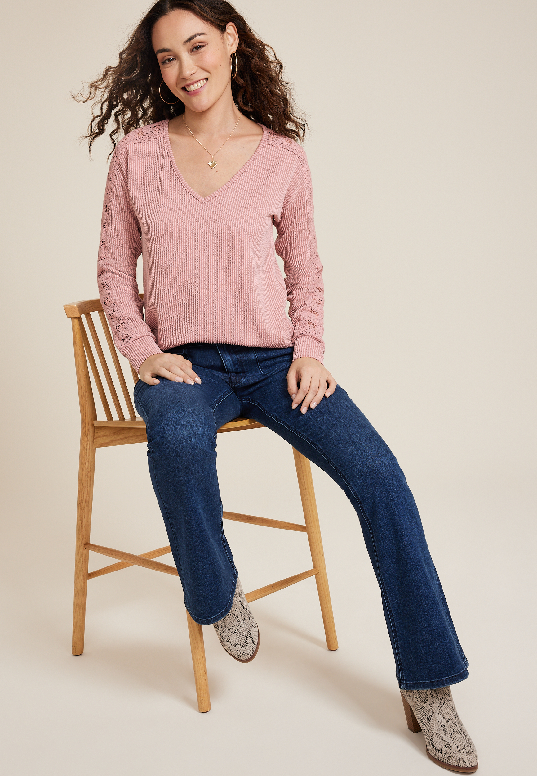 Wavy Ribbed Crochet Trim Blouse, C8503, large