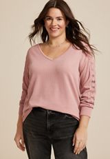 Plus Size Wavy Ribbed Crochet Trim Blouse, C8503, small