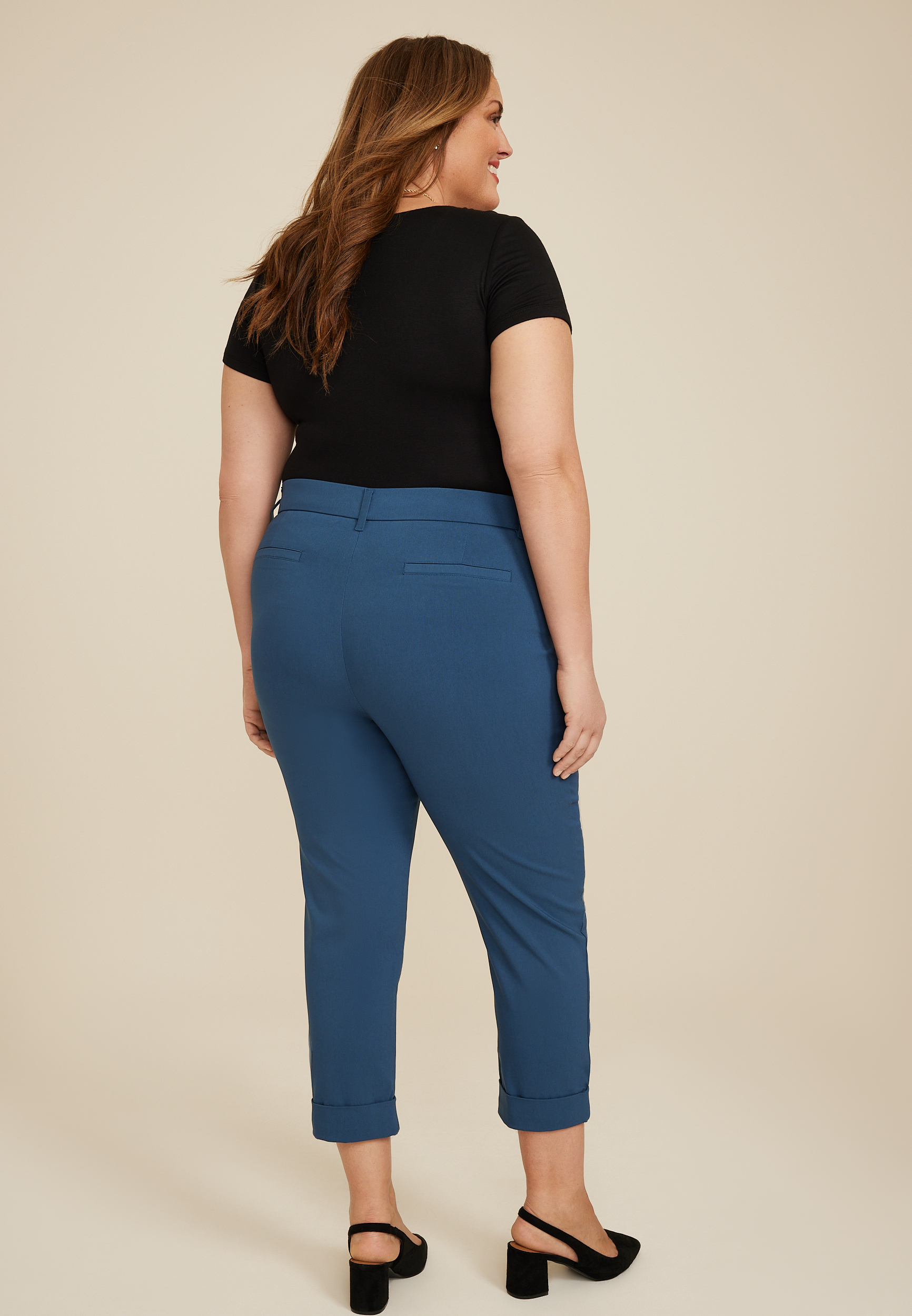 Plus Size Bengaline Mid Rise Cuffed Straight Cropped Dress Pant, , large