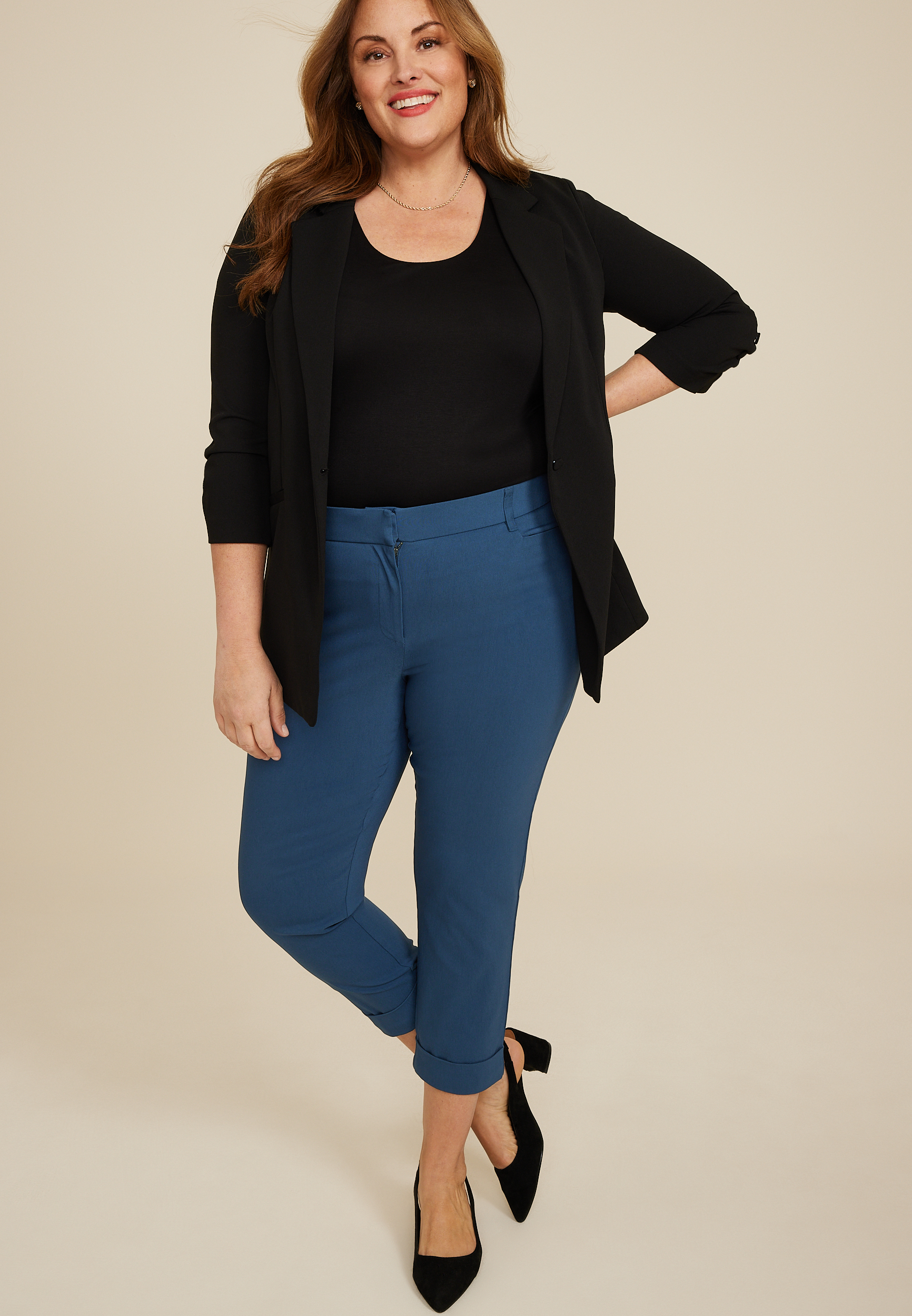 Plus Size Bengaline Mid Rise Cuffed Straight Cropped Dress Pant, , large