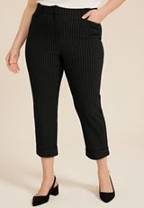 Plus Size Bengaline Mid Rise Striped Cuffed Straight Cropped Pant, C1756, small