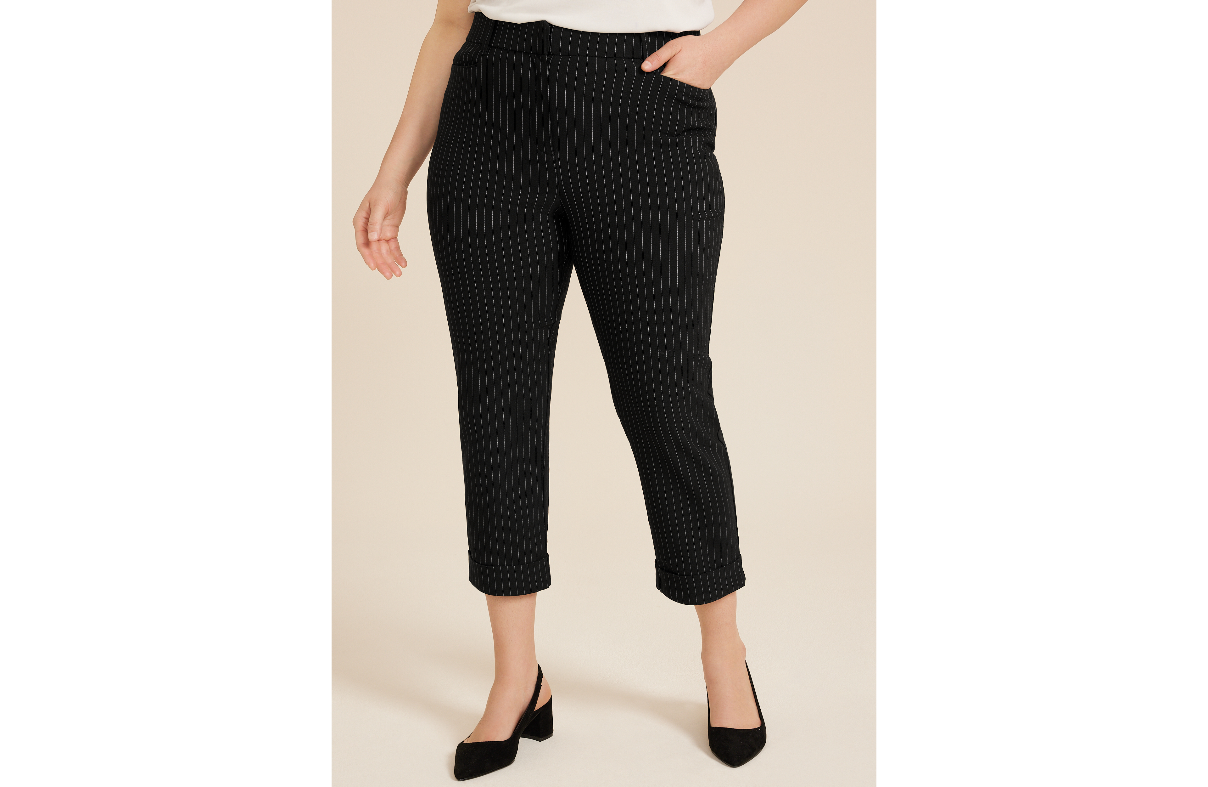 Plus Bengaline Mid Rise Striped Cuffed Straight Cropped Pant