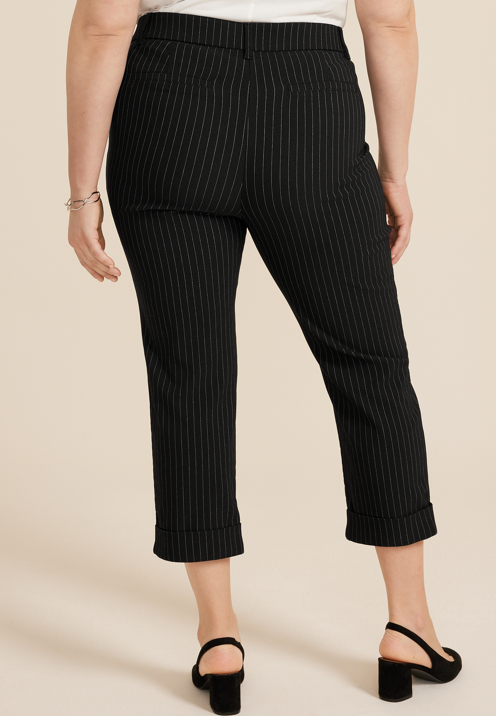 Plus Size Bengaline Mid Rise Striped Cuffed Straight Cropped Pant, C1756, large
