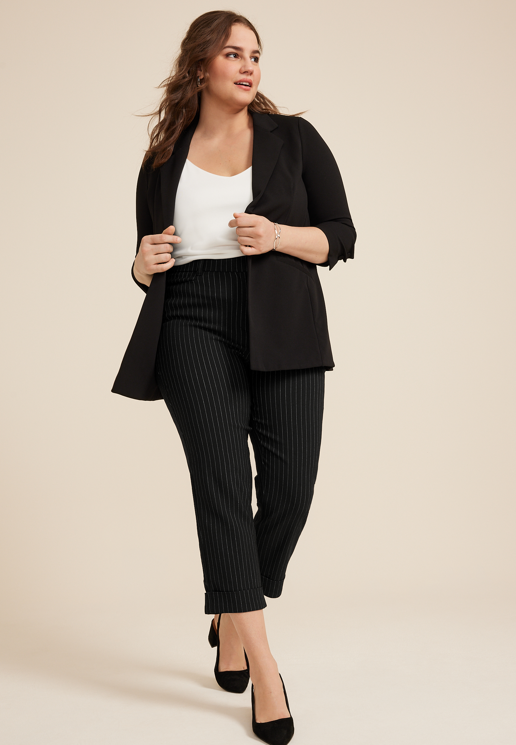 Plus Size Bengaline Mid Rise Striped Cuffed Straight Cropped Pant, C1756, large