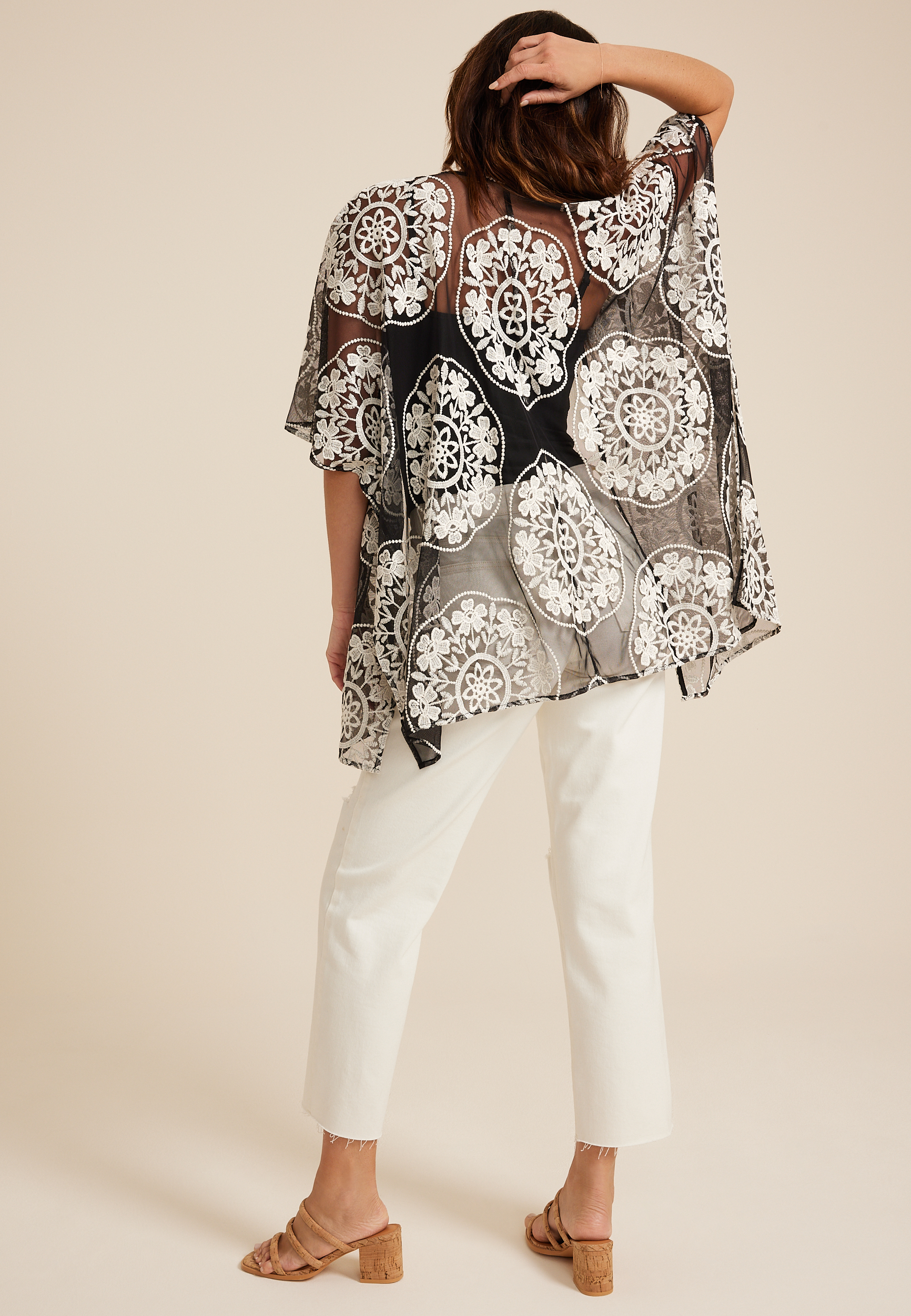 Black And White Mesh Embroidered Kimono, C1756, large