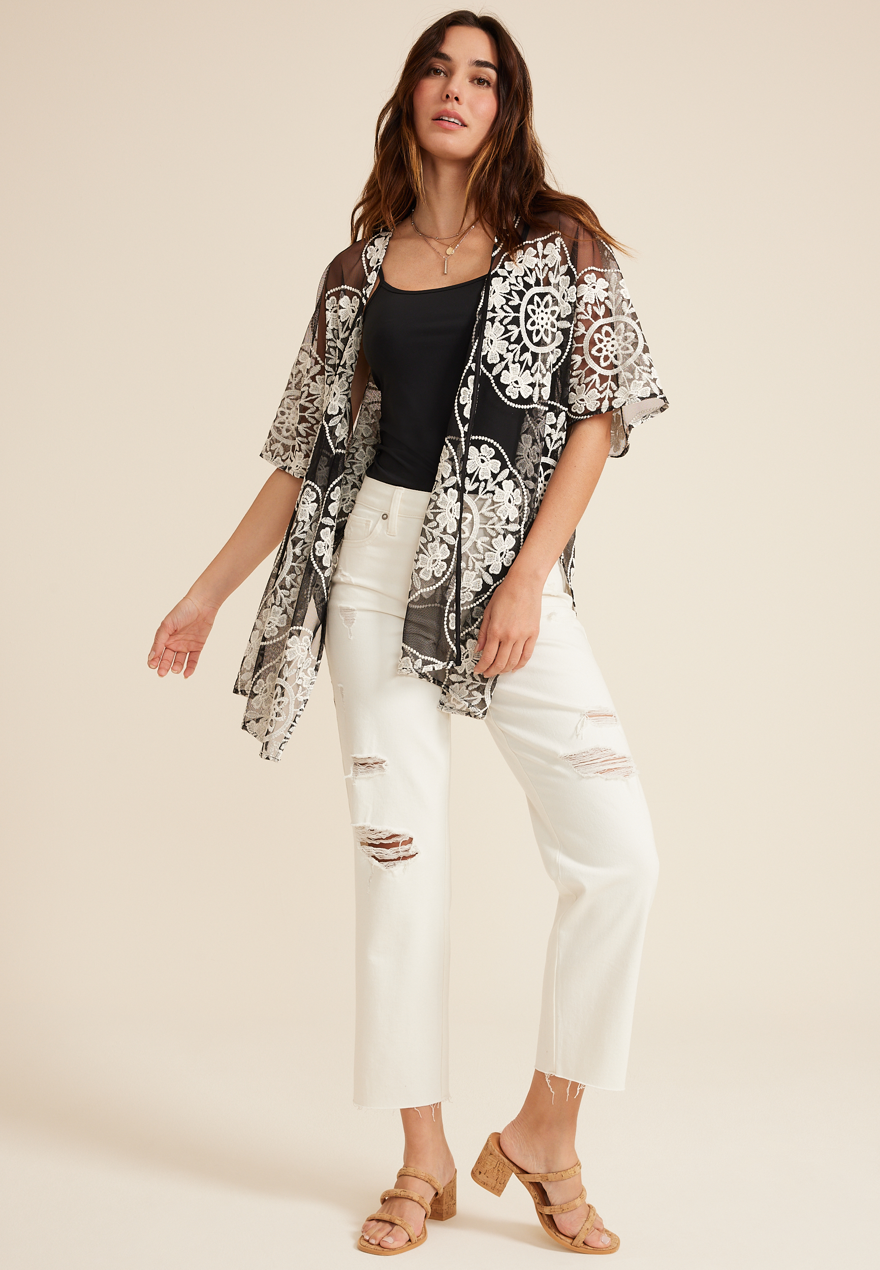Black And White Mesh Embroidered Kimono, C1756, large