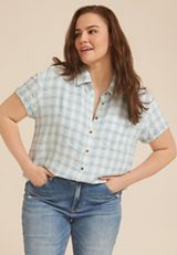 Plus Size Pucker Plaid Button Down Shirt, C1578, small