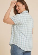 Plus Size Pucker Plaid Button Down Shirt, C1578, small