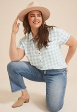 Plus Size Pucker Plaid Button Down Shirt, C1578, small