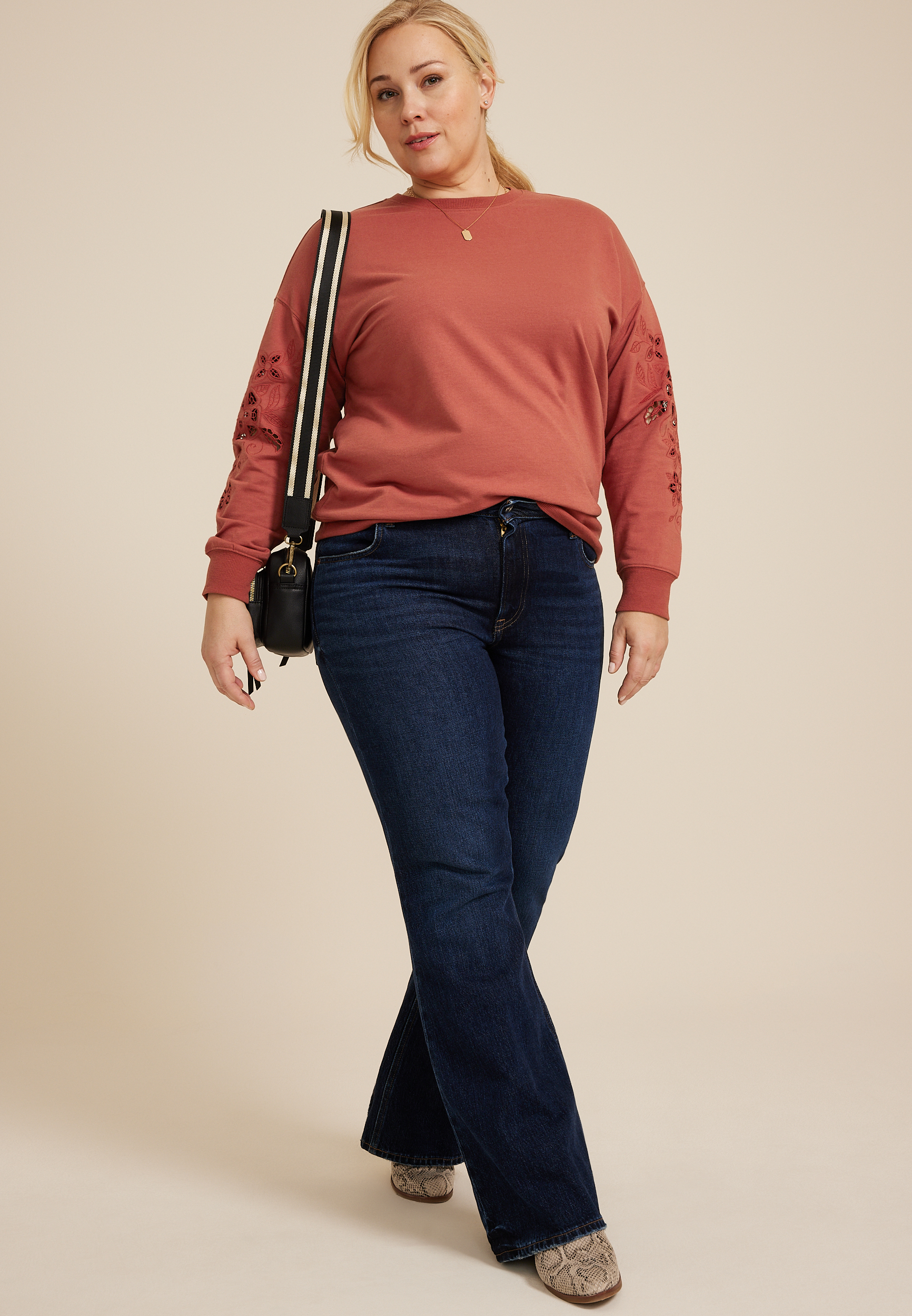 Plus Size Eyelet Sleeve Sweatshirt, C9347, large