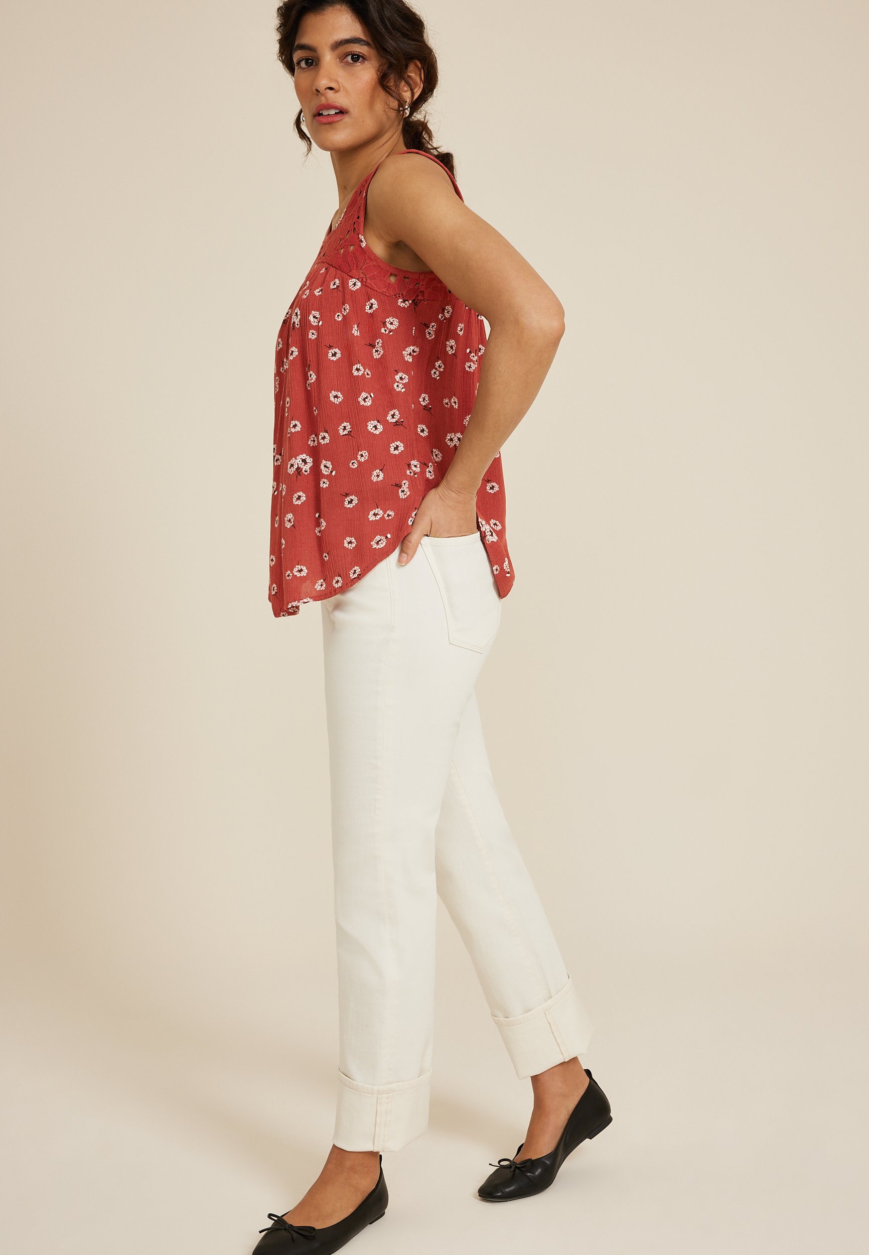 Floral Lace Yoke Tank Top, C1570, large