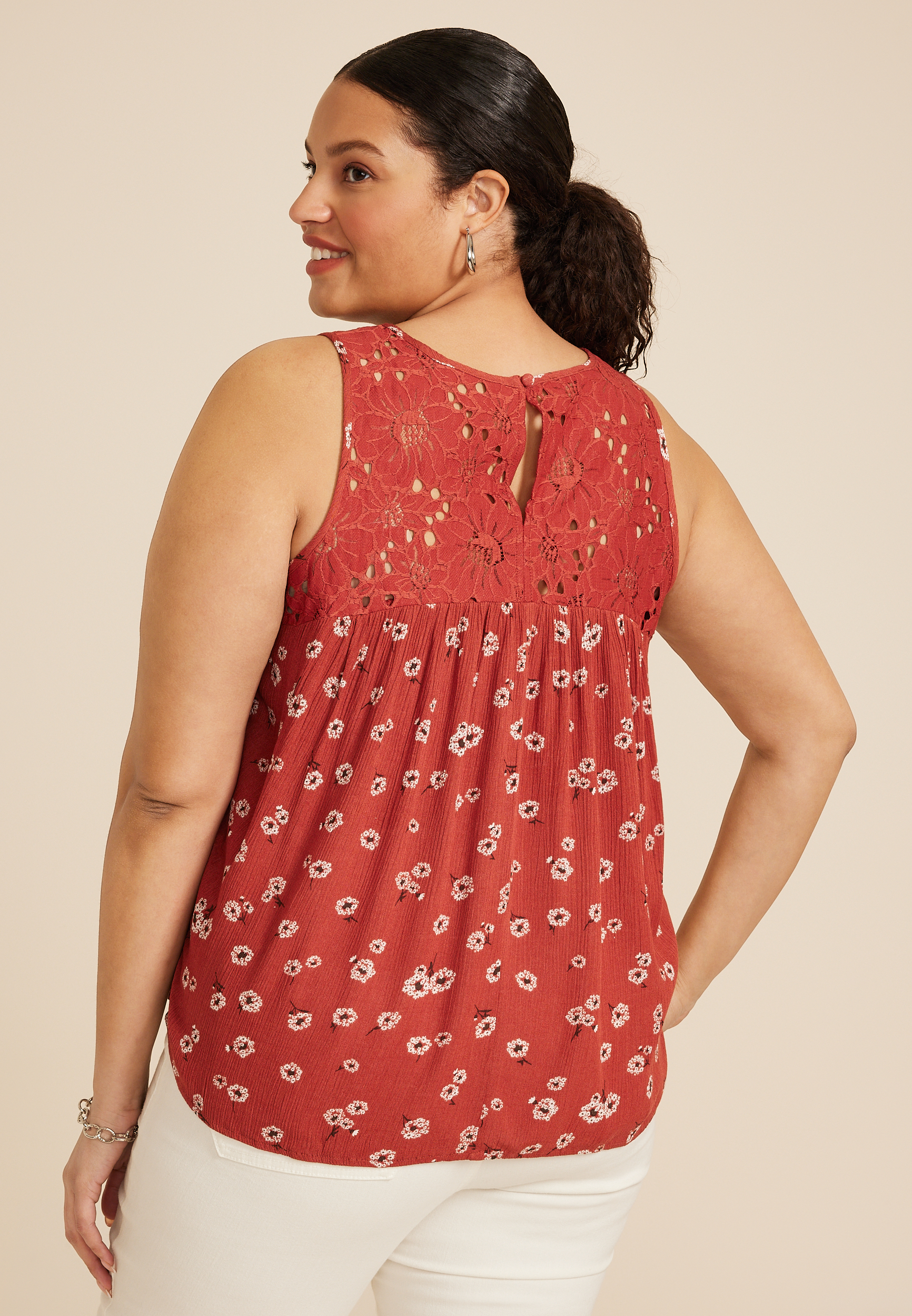 Plus Size Floral Lace Yoke Tank Top, C1570, large