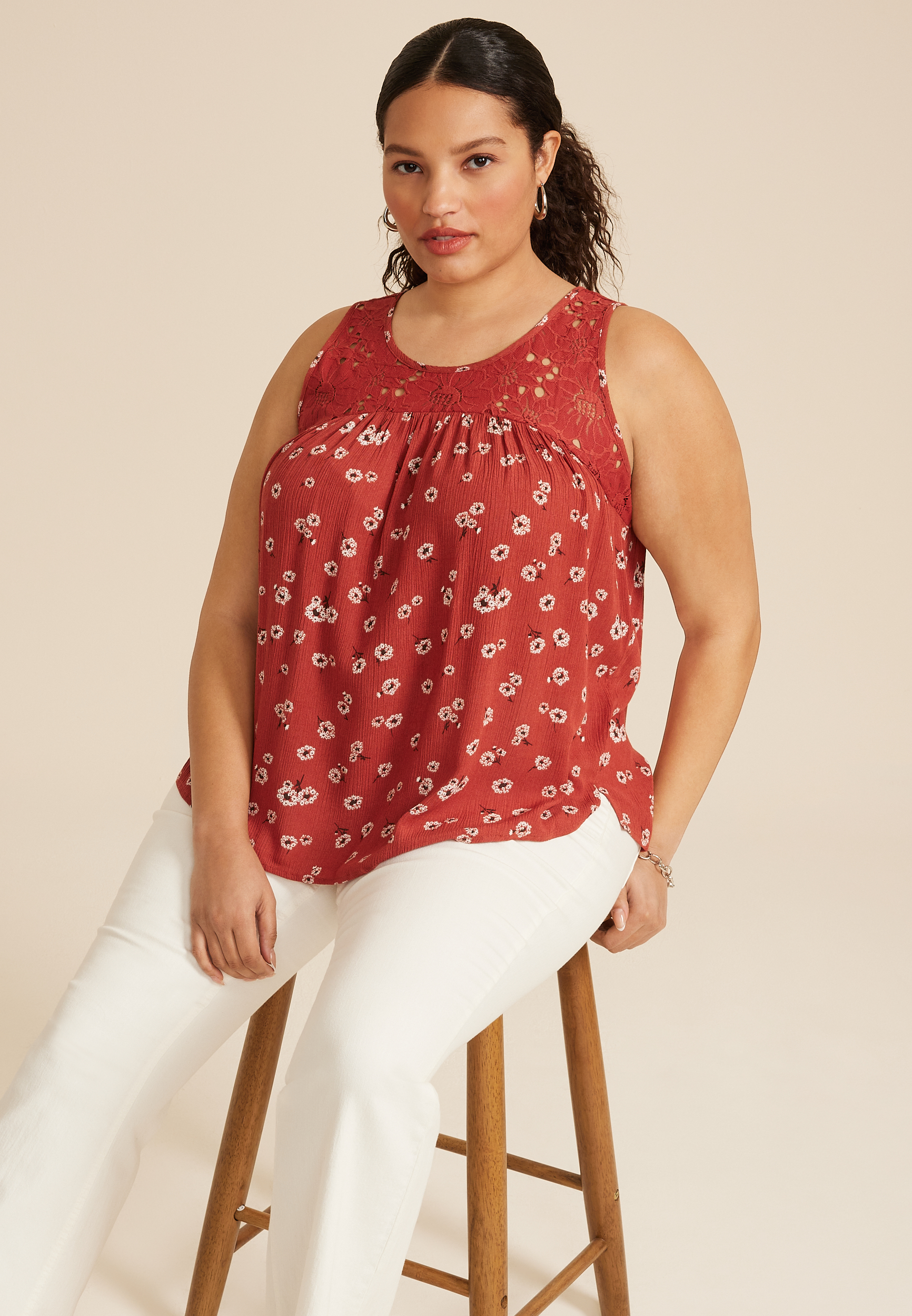 Plus Size Floral Lace Yoke Tank Top, C1570, large
