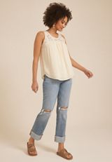 Lace Yoke Trim Tank Top, OFF WHITE, small