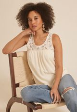 Lace Yoke Trim Tank Top, OFF WHITE, small