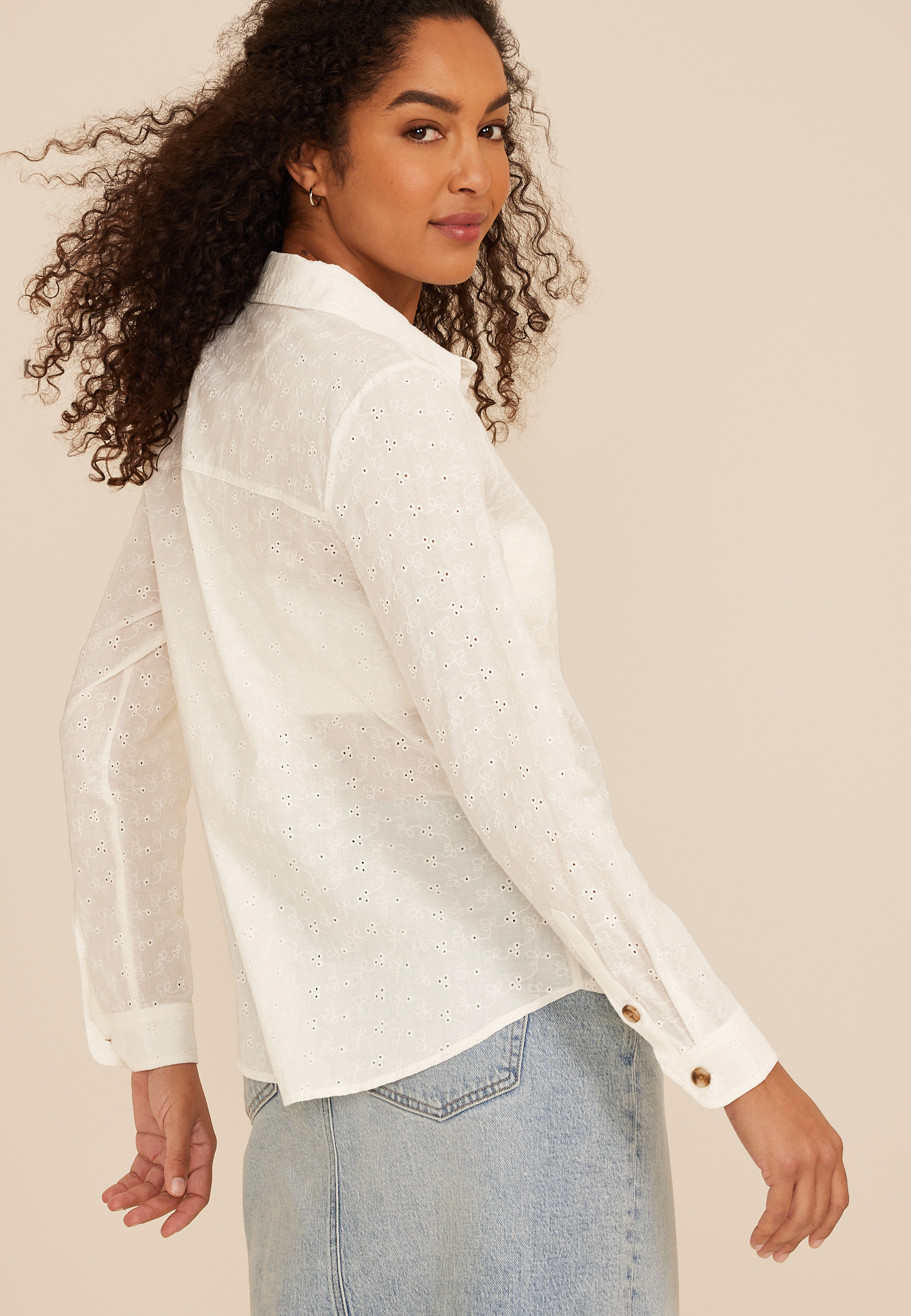Eyelet Button Down Shirt, , large