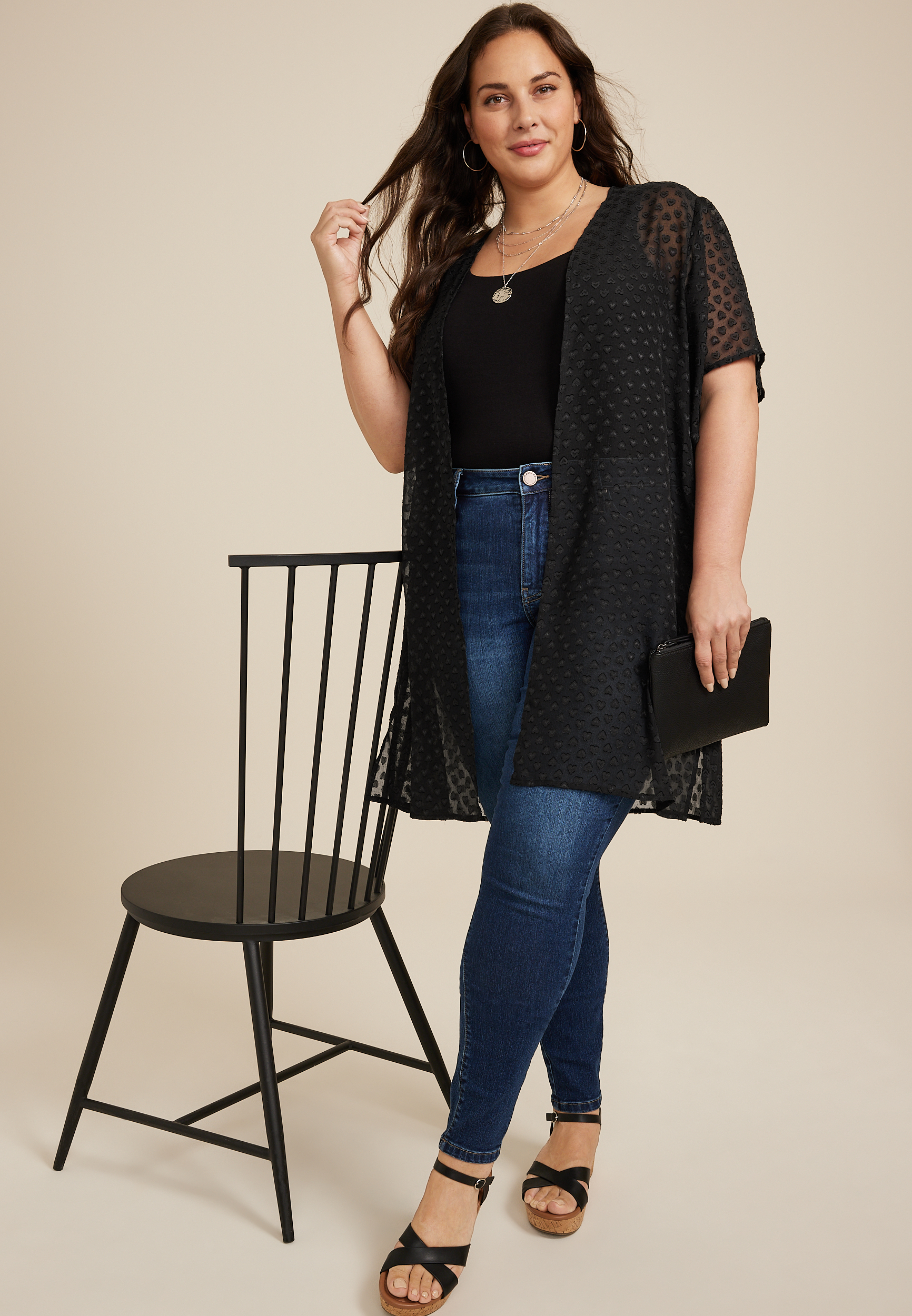Plus Size Black Heart Kimono, BLACK, large