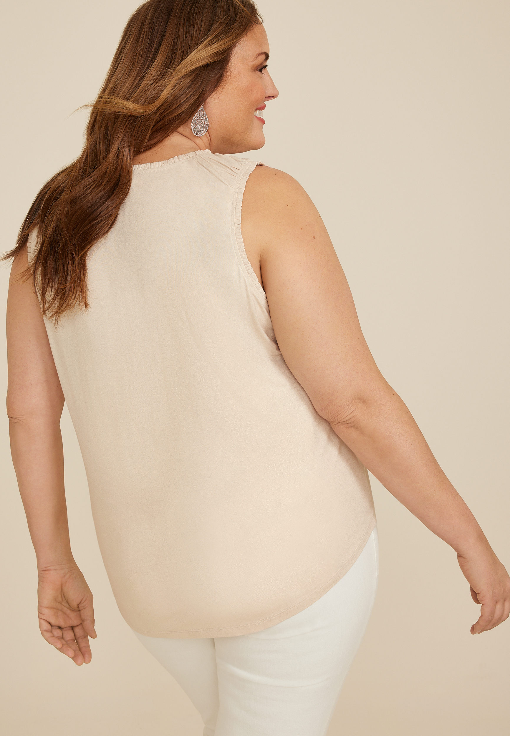 Plus Size Effortless Ruched Shimmer Tank Top, OATMEAL, large