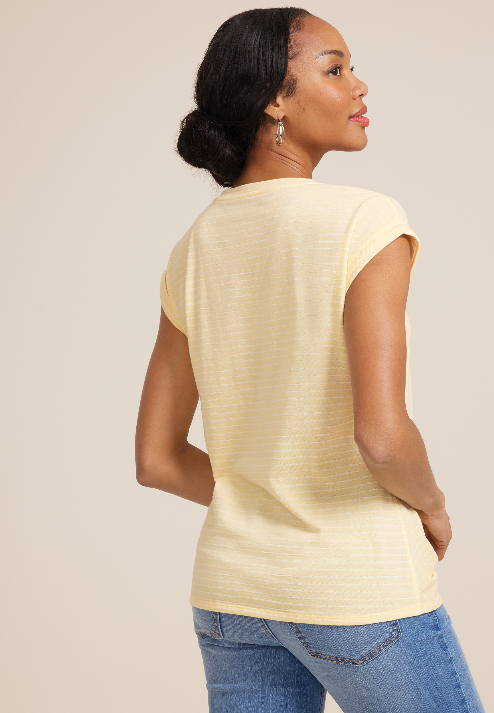 24/7 Austin Striped Knot Hem Short Sleeve Tee, GOLDEN HAZE, large