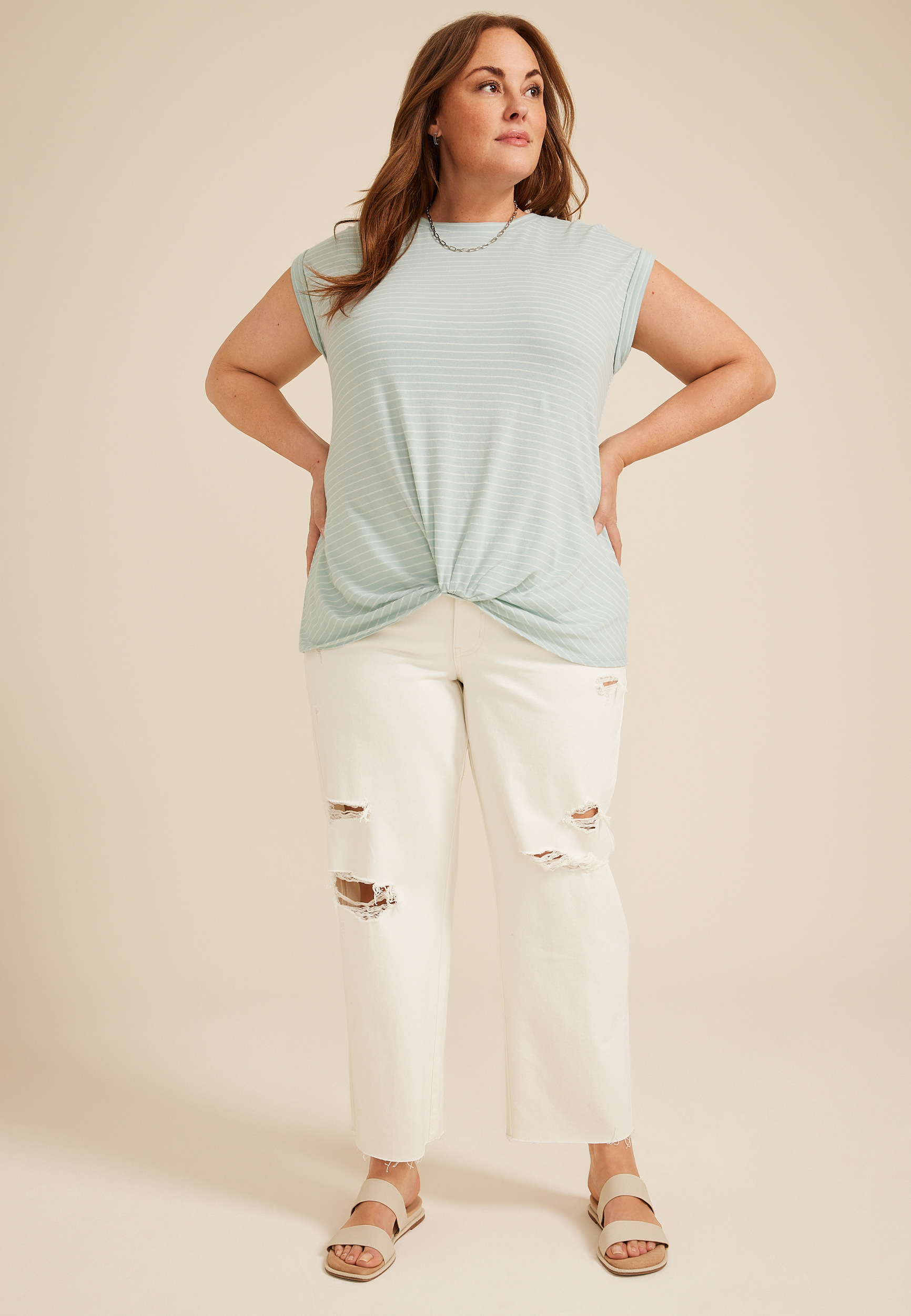 Plus 24/7 Austin Striped Knot Hem Short Sleeve Tee