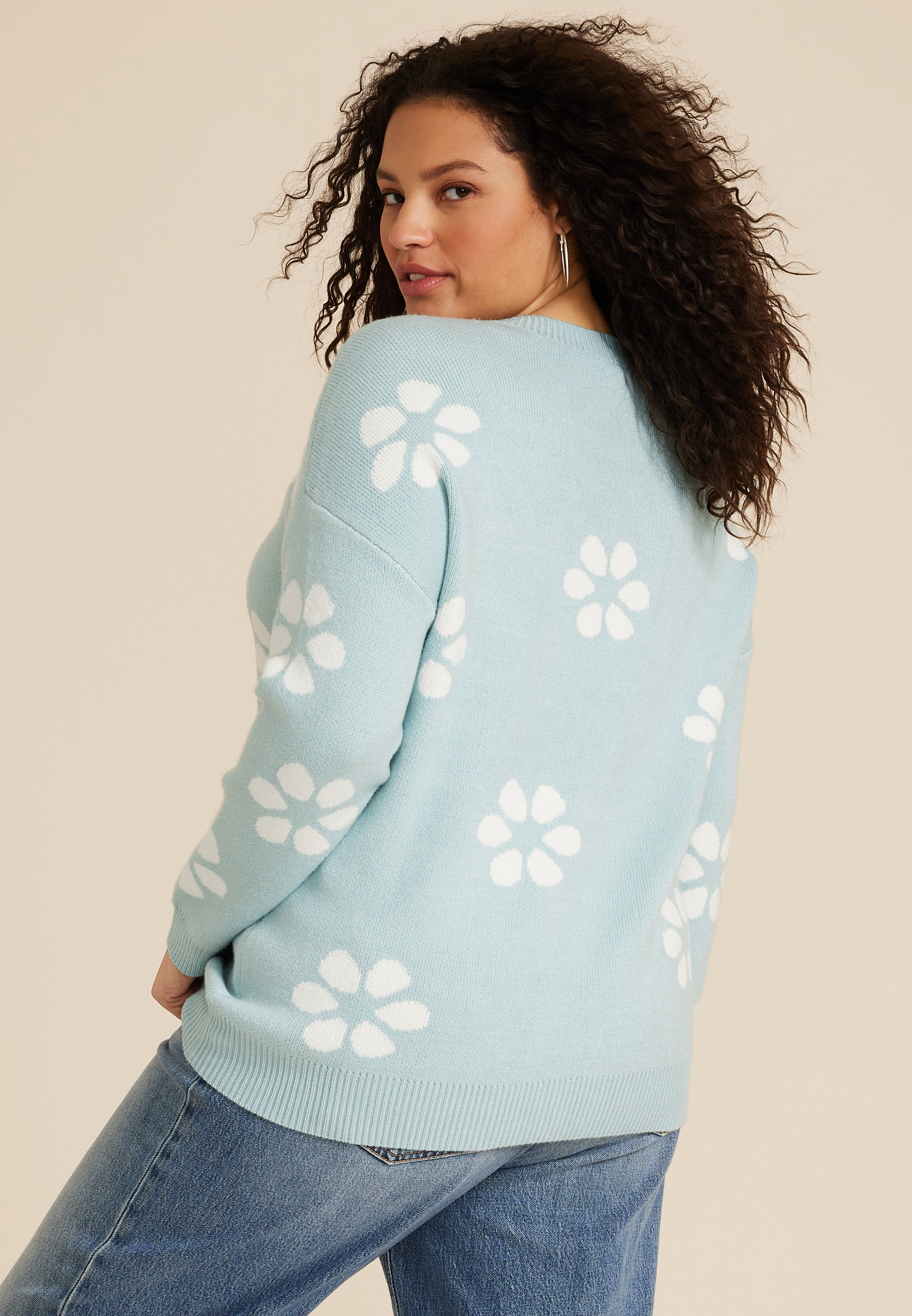 Plus Size Floral Crew Neck Sweater, C1578, large