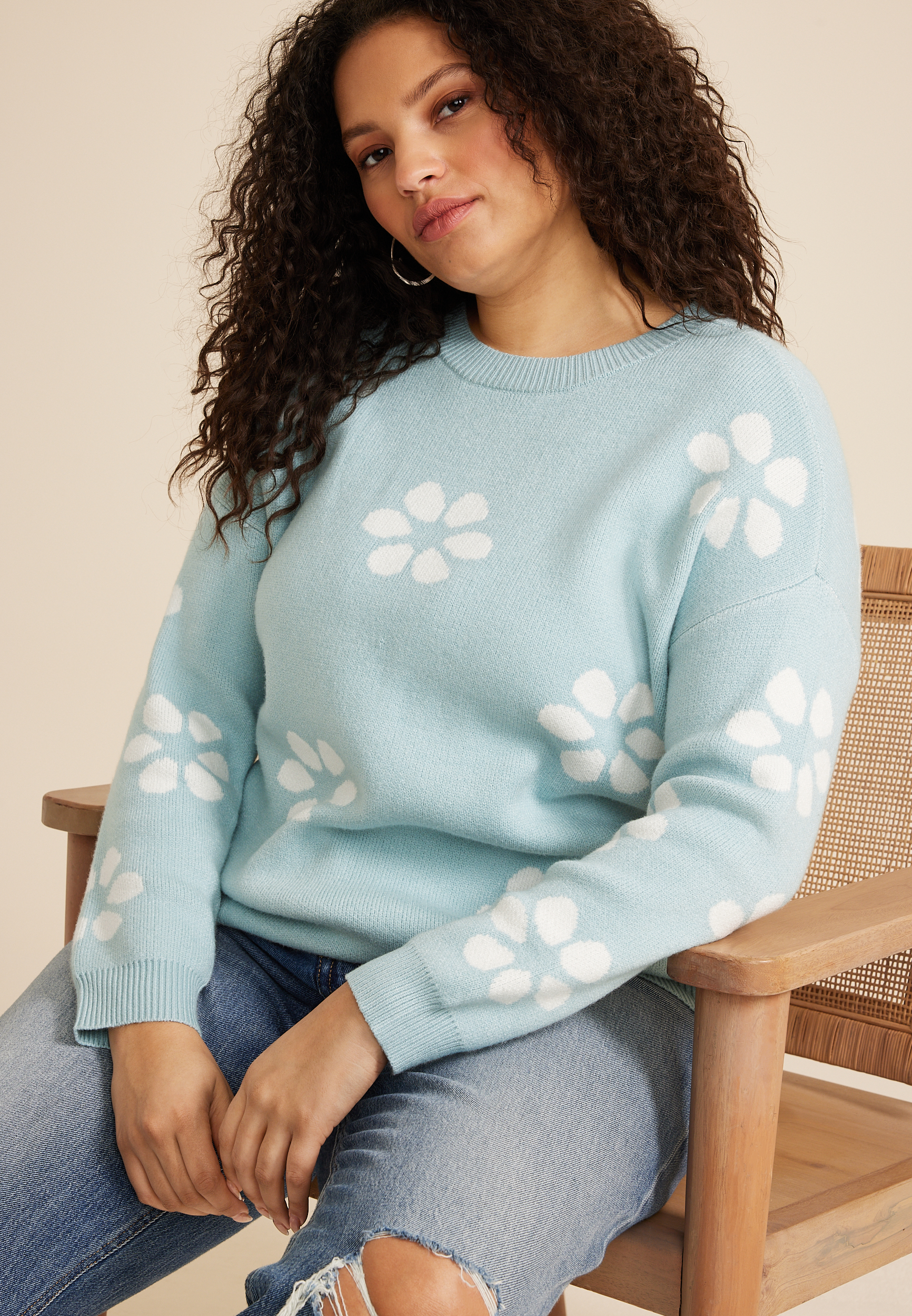 Plus Size Floral Crew Neck Sweater, C1578, large
