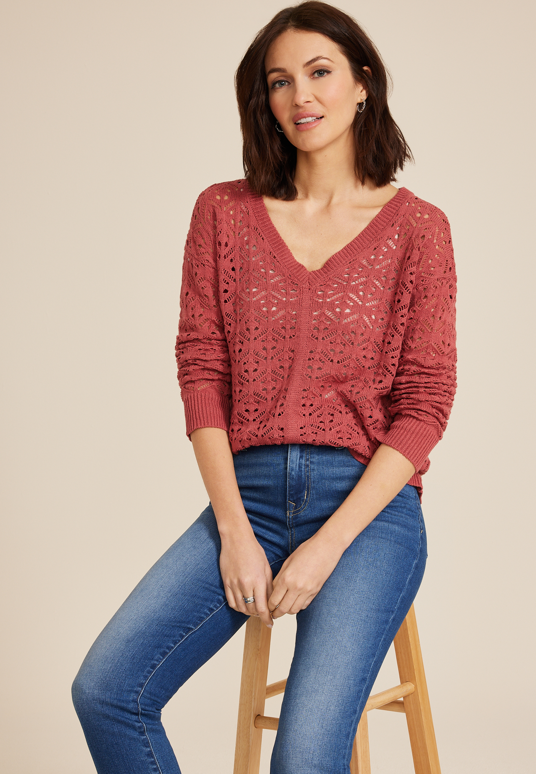 Open Knit V Neck Sweater, C9347, large