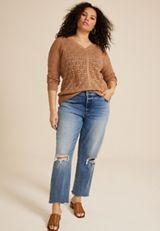 Plus Size Open Knit V Neck Sweater, CORK, small