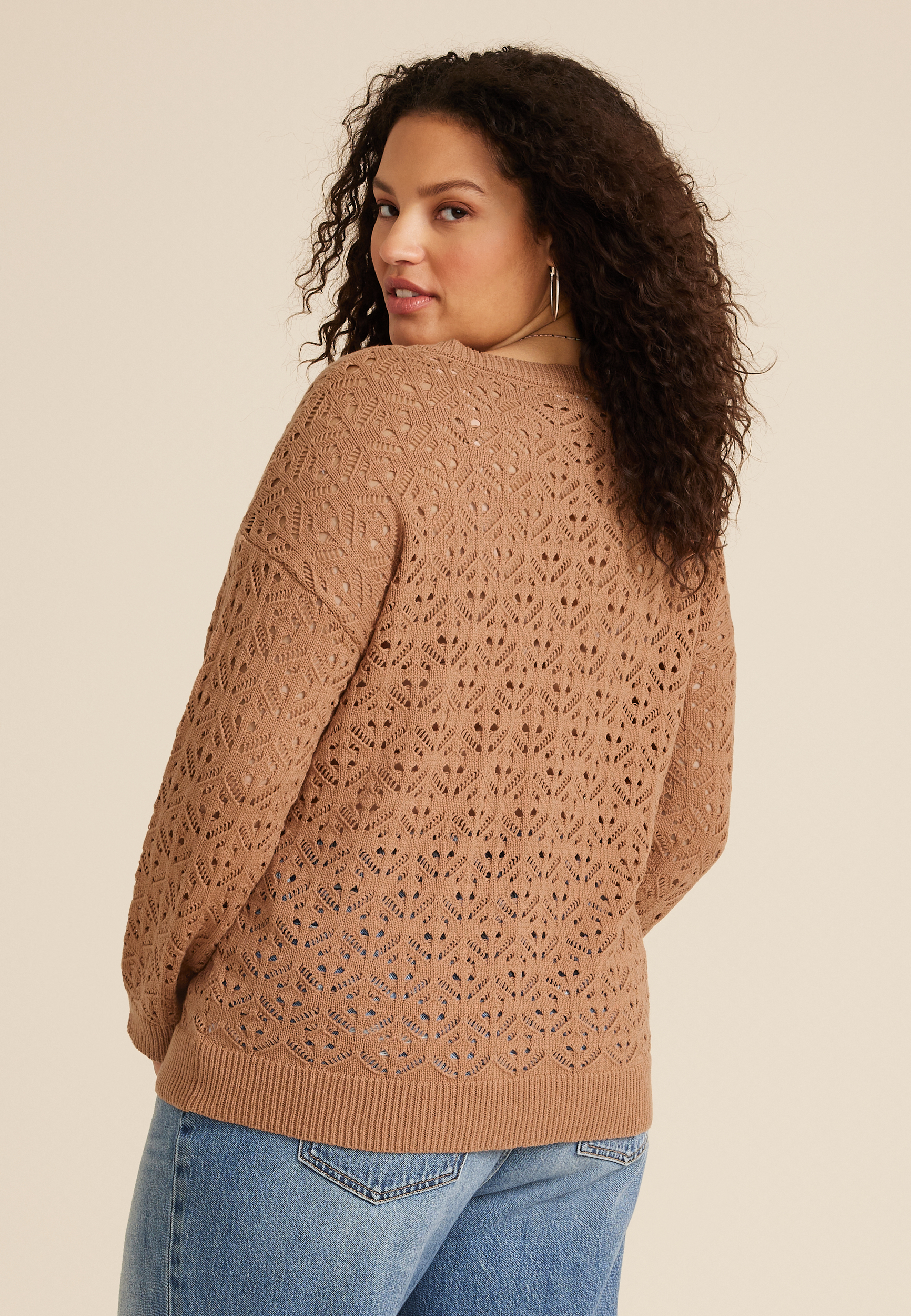 Plus Size Open Knit V Neck Sweater, CORK, large