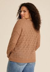 Plus Size Open Knit V Neck Sweater, CORK, small