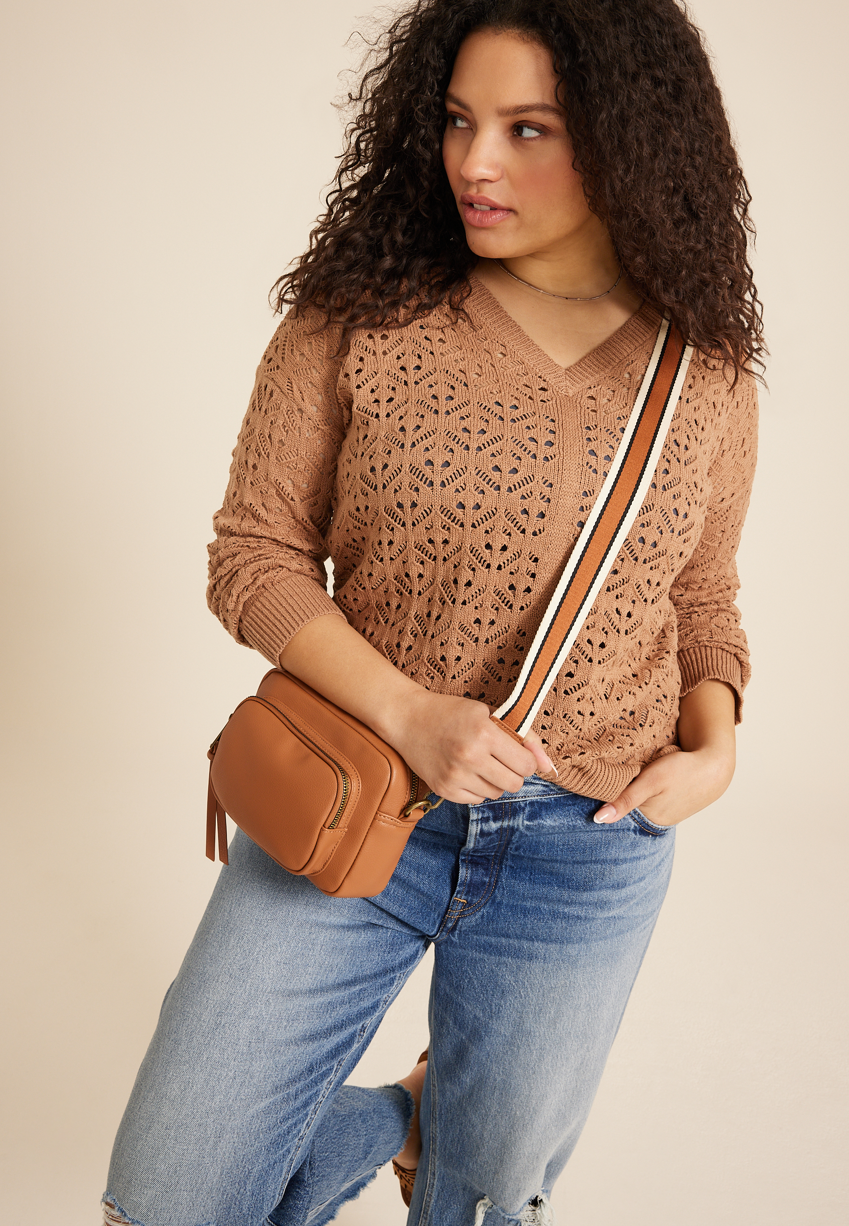 Plus Size Open Knit V Neck Sweater, CORK, large