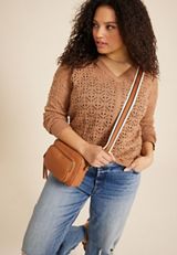 Plus Size Open Knit V Neck Sweater, CORK, small