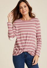 Striped Heart Elbow Patch Knot Hem Tee, C3632, small