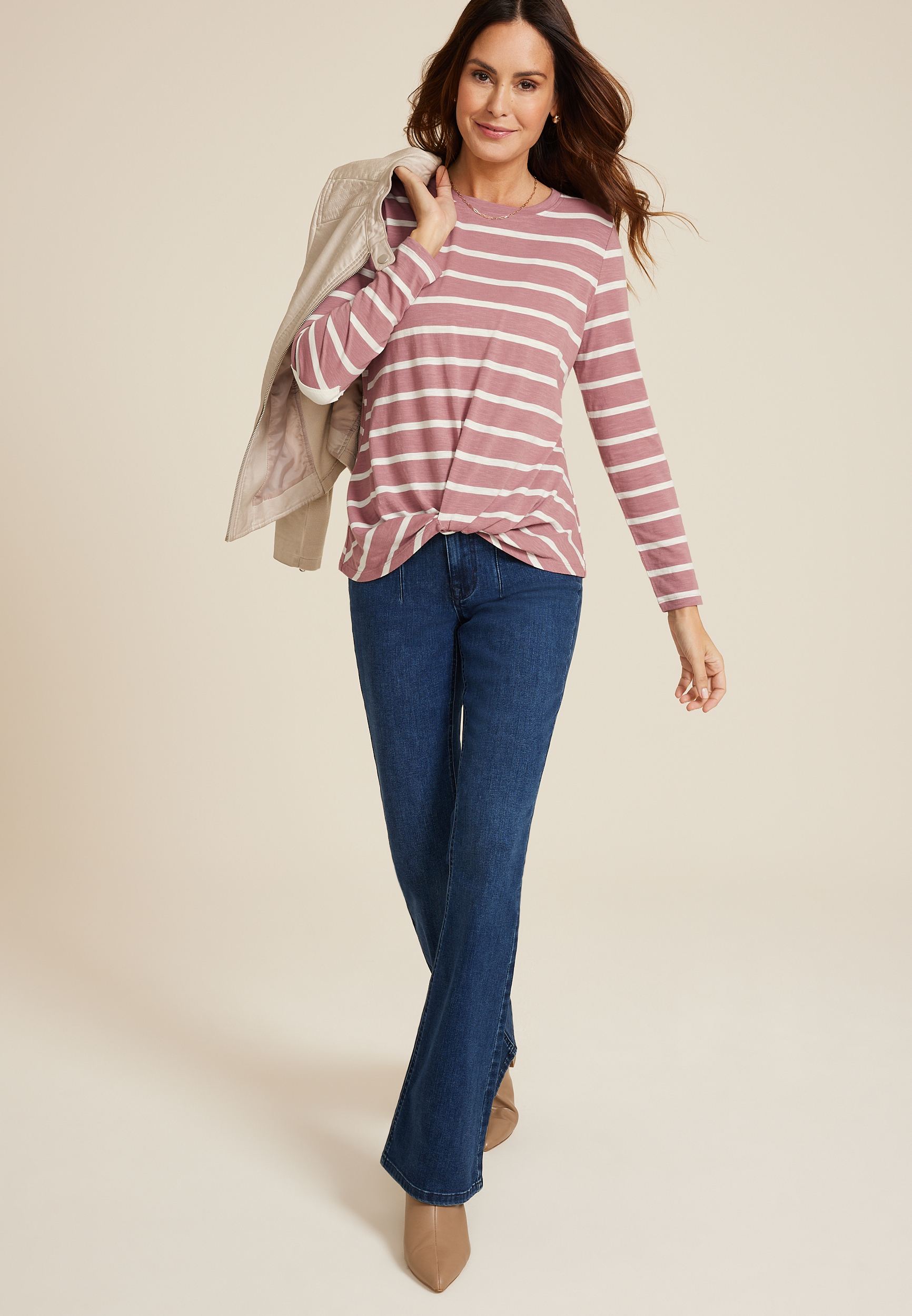 Striped Heart Elbow Patch Knot Hem Tee, C3632, large