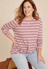 Plus Size Striped Heart Elbow Patch Knot Hem Tee, C3632, small