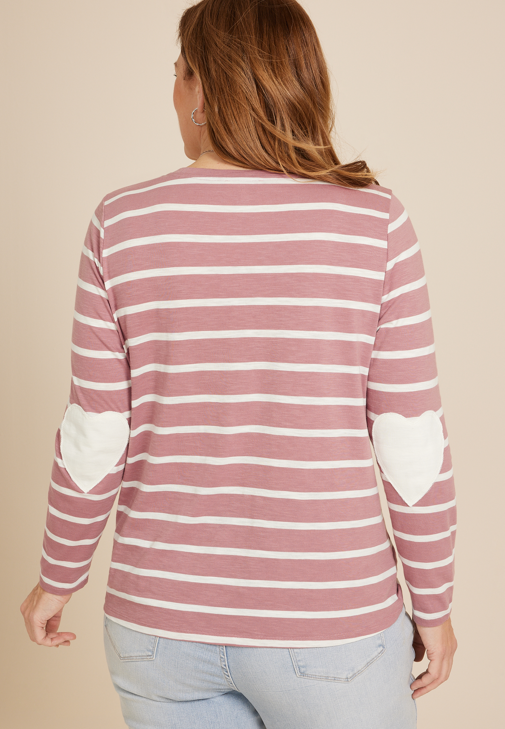 Plus Size Striped Heart Elbow Patch Knot Hem Tee, C3632, large