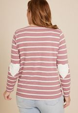 Plus Size Striped Heart Elbow Patch Knot Hem Tee, C3632, small