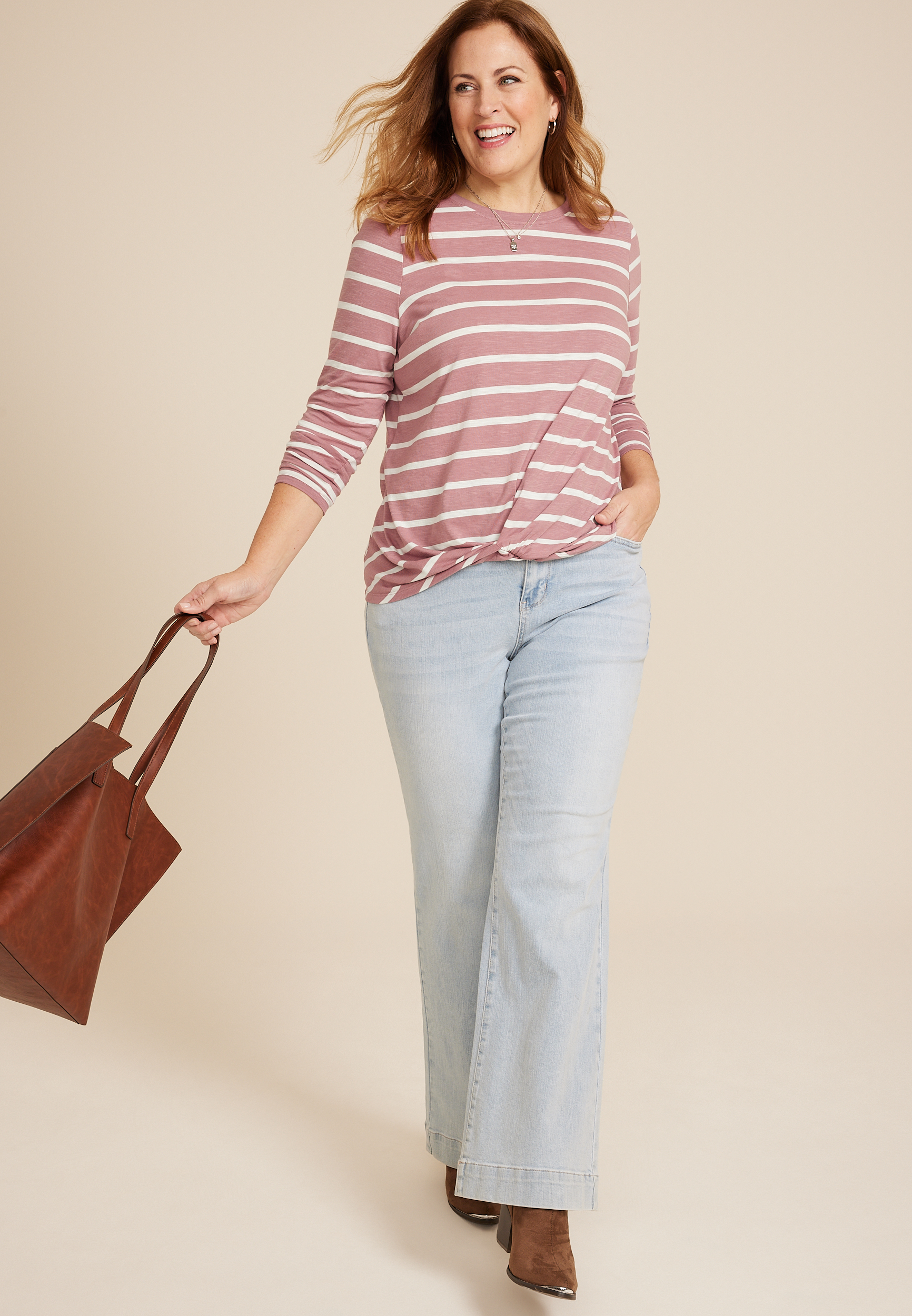 Plus Size Striped Heart Elbow Patch Knot Hem Tee, C3632, large