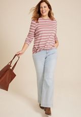 Plus Size Striped Heart Elbow Patch Knot Hem Tee, C3632, small