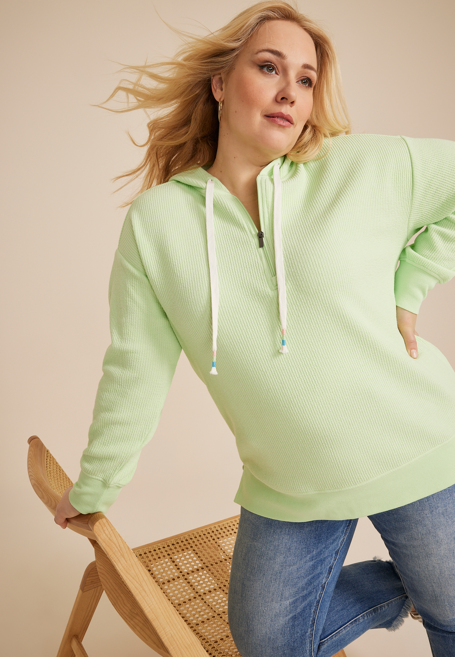 Maurices Plus Size Women's Ribbed Knit Hoodie Green Size 0X