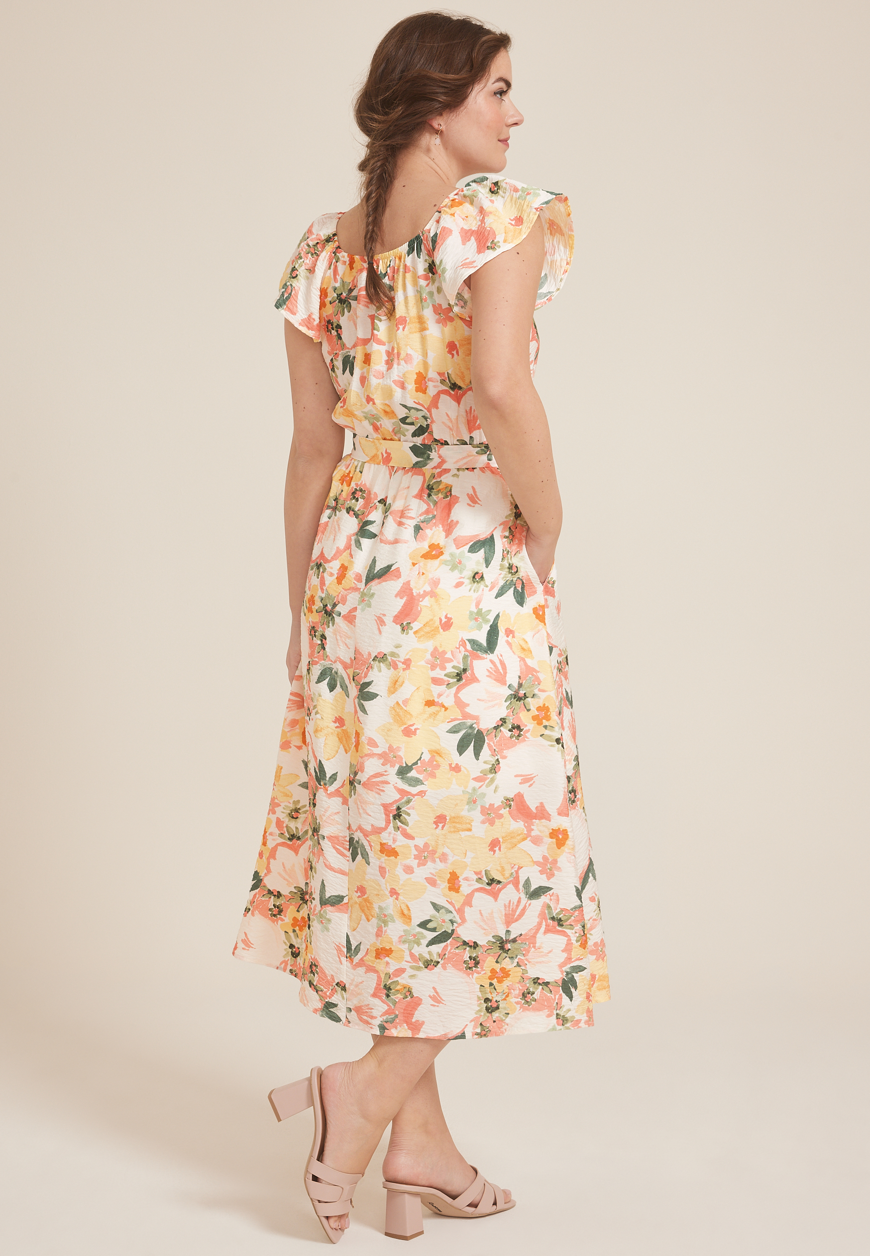Cool Crepe Floral Flutter Sleeve Wrap Midi Dress, C2754, large