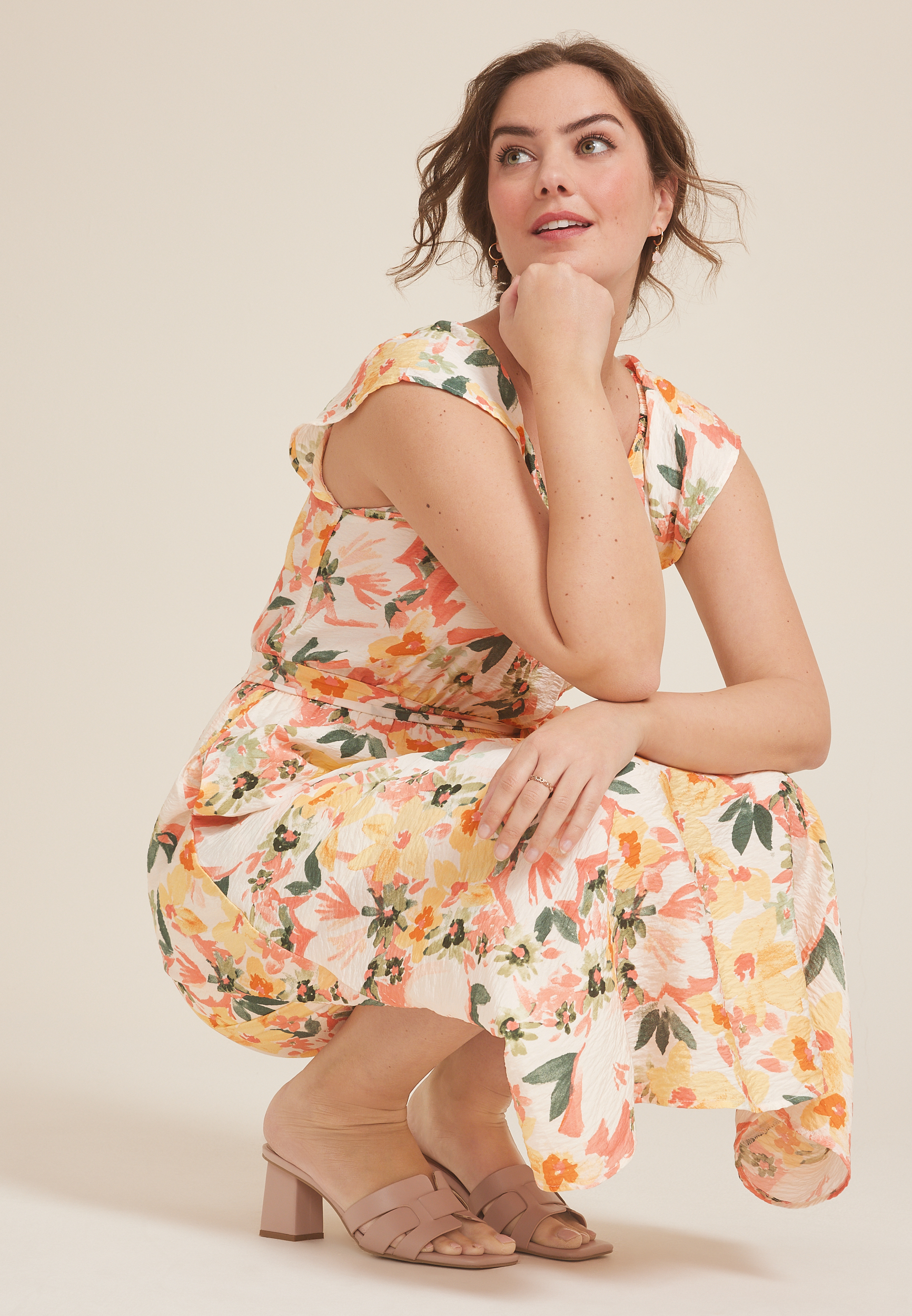 Cool Crepe Floral Flutter Sleeve Wrap Midi Dress, C2754, large
